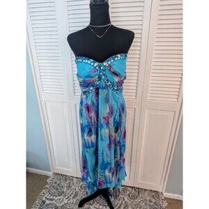 Deb Vtg 90s Y2K Dress Womens 24 Strapless Embellished High-lo Blue Peacock Maxi